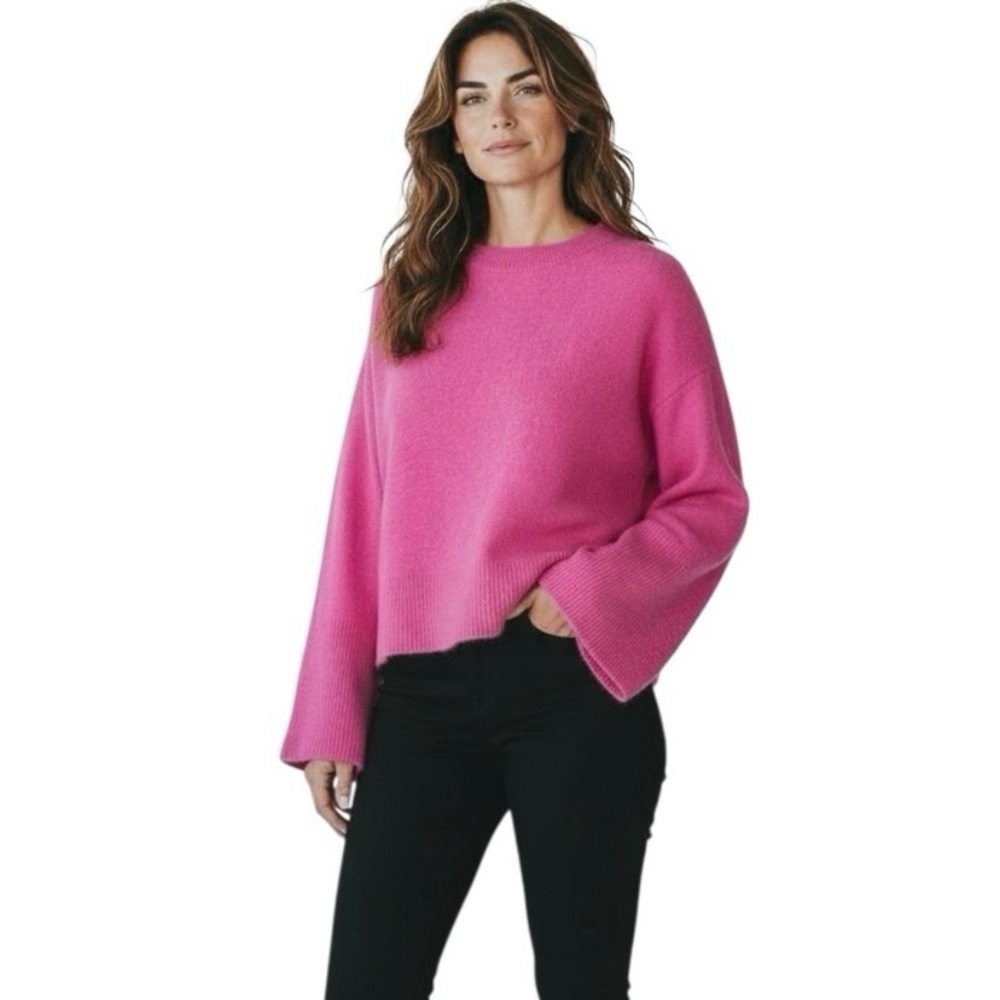 Rachel Zoe Cashmere Vibrant Flared Sleeve Pink Crewneck Sweater, Size Large